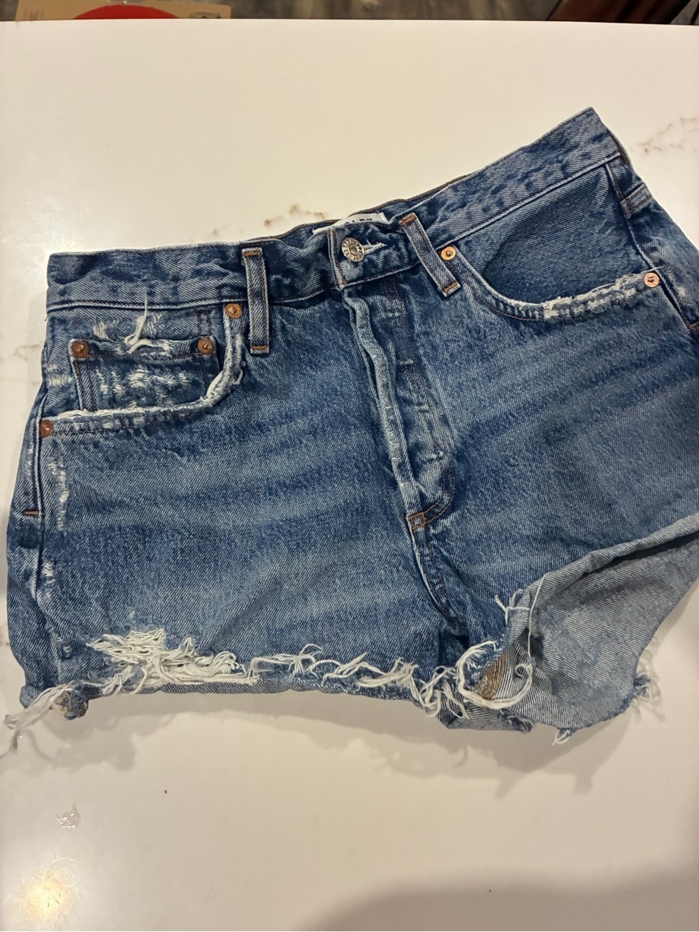 Agolde Distressed High-Rise button fly Denim Shorts - Blue